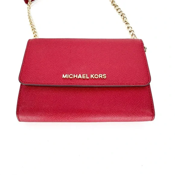Michael Kors Jet Set Travel Saffiano Leather Crossbody Red - Gold Chain Strap EC - Picture 2 of 15